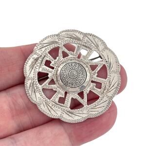 Vintage Mexico Taxco Sterling Silver 925 Aztec Calendar Pendant Brooch